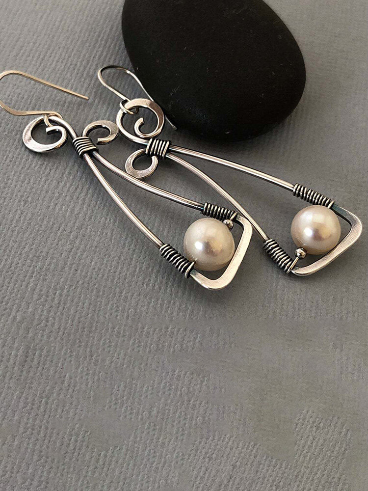 
	Vintage 925 Silver Plated Women Earrings Symmetry Bowknot Pearl Pendant Earrings