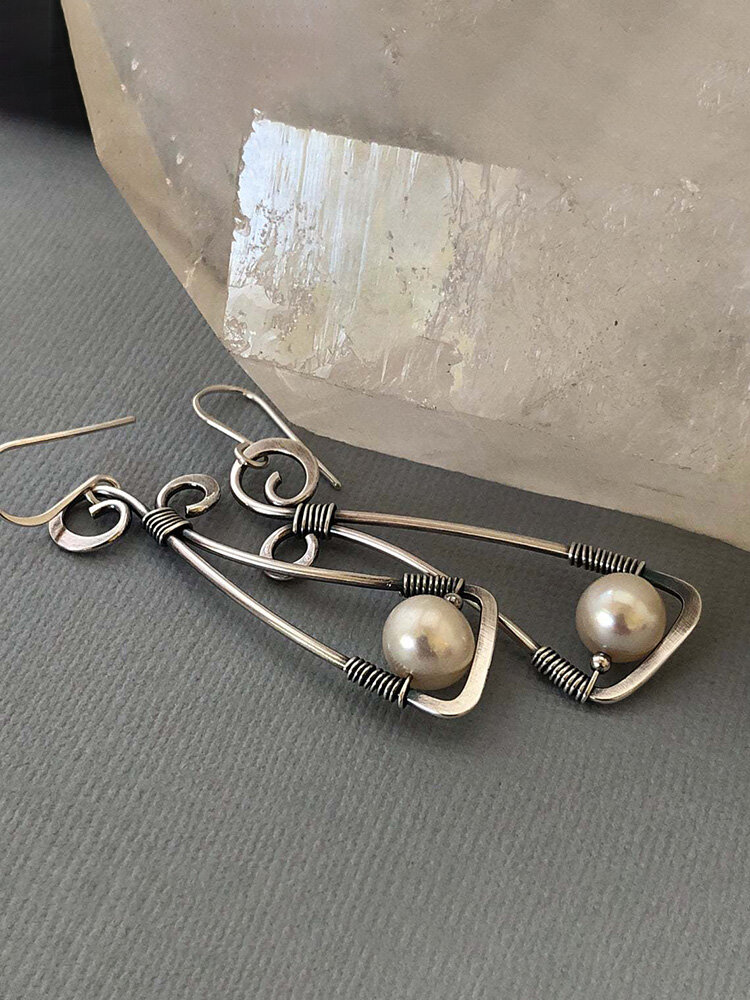 
	Vintage 925 Silver Plated Women Earrings Symmetry Bowknot Pearl Pendant Earrings