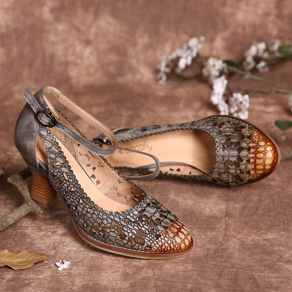 
	SOCOFY Retro Adjusatble Buckle Strap Hollow Pattern Embossed Pointed Leather Eleagant Pumps