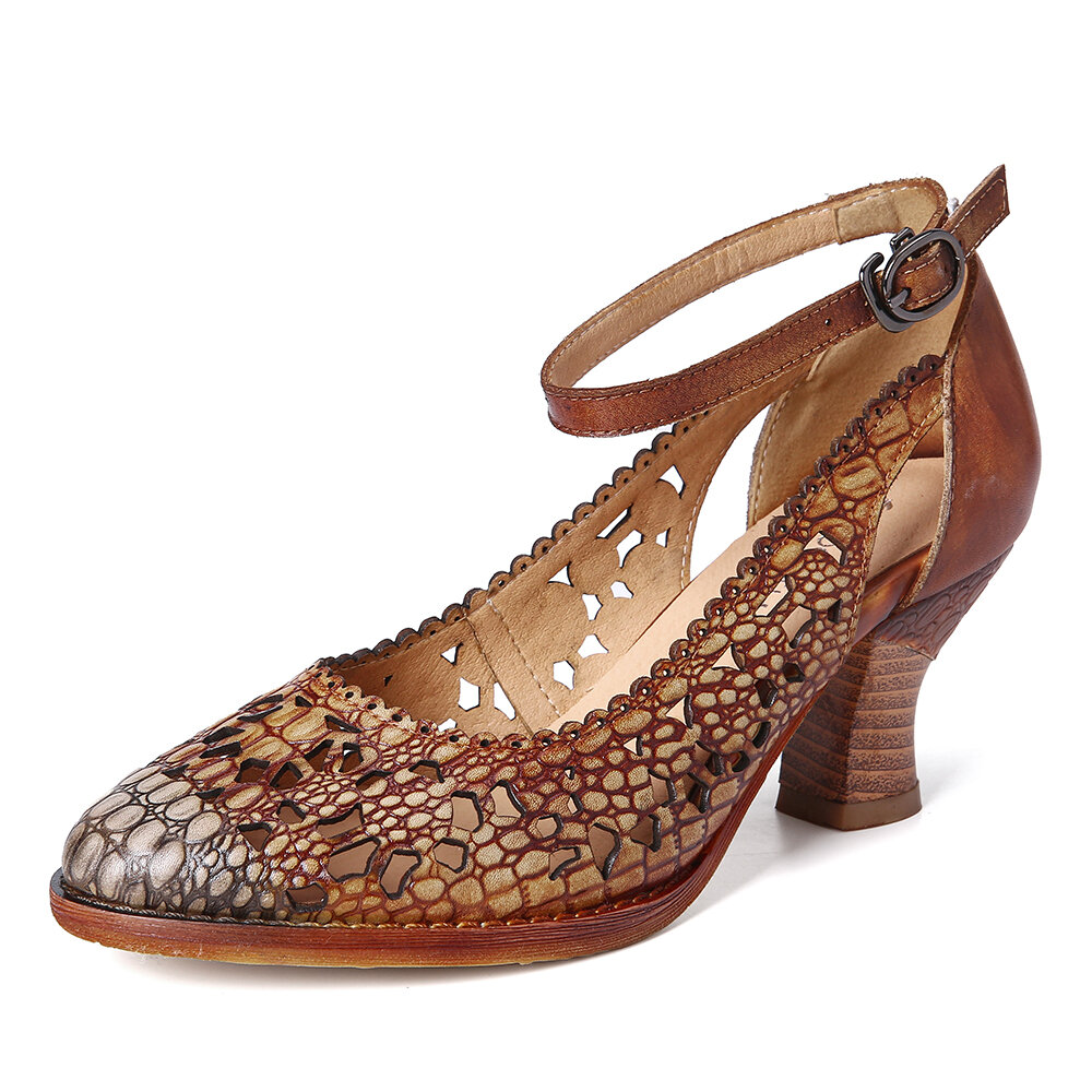 
	SOCOFY Retro Adjusatble Buckle Strap Hollow Pattern Embossed Pointed Leather Eleagant Pumps