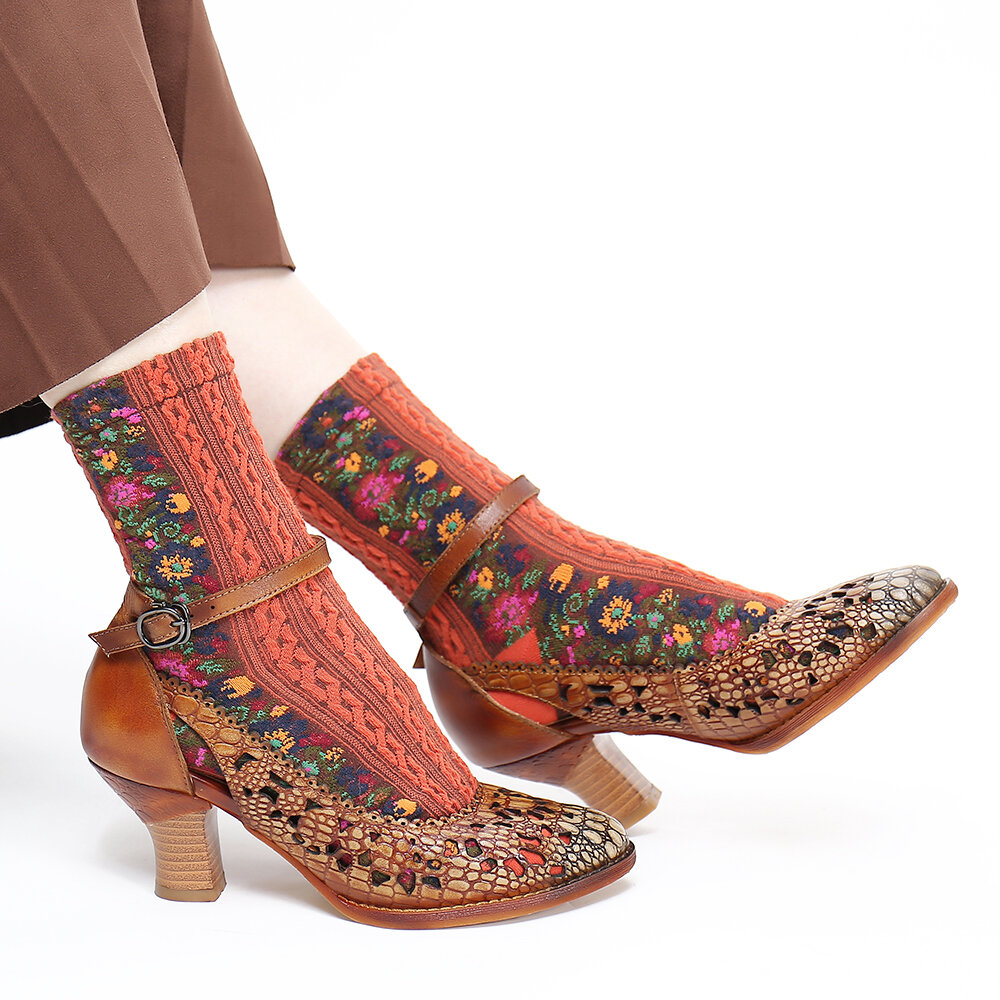 
	SOCOFY Retro Adjusatble Buckle Strap Hollow Pattern Embossed Pointed Leather Eleagant Pumps