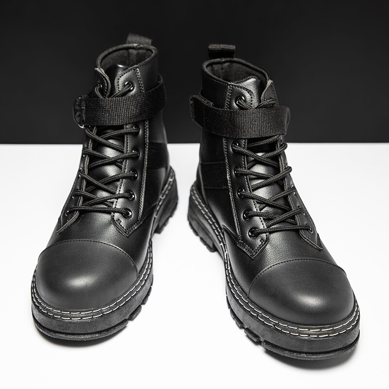 
	Men PU Lace-up Ribbon Round Toe Casual Short Boots
