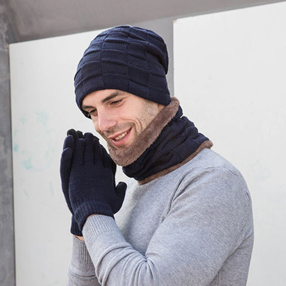 
	Men 2/3PCS Plus Velvet Keep Warm Winter Neck Protection Headgear Scarf Full-finger Gloves Knitted Hat Beanie
