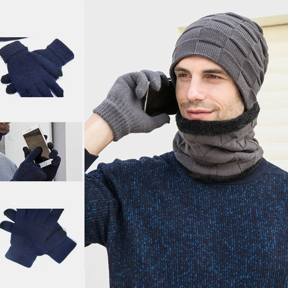 
	Men 2/3PCS Plus Velvet Keep Warm Winter Neck Protection Headgear Scarf Full-finger Gloves Knitted Hat Beanie