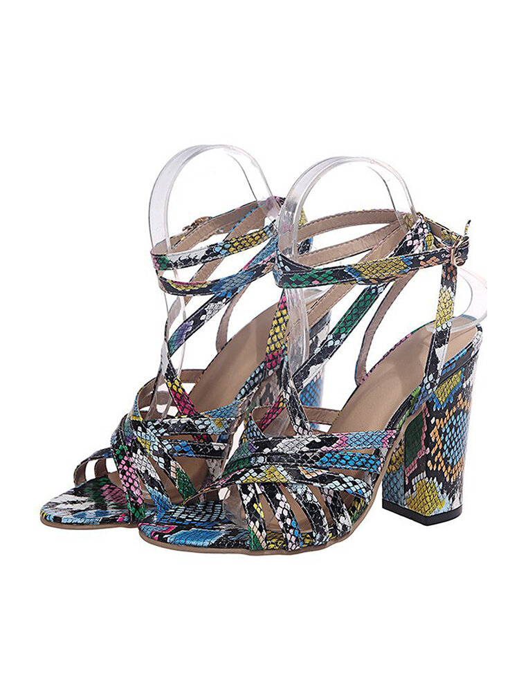 
	Women Fashion Colorful Snake Print Cross Straps Upper Ankle Buckle Strap Peep Toe Chunky Heels Sandals