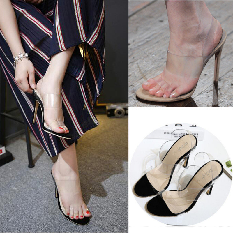 
	Transparent Glitter Block Heel Crystal Peep Toe Sandal