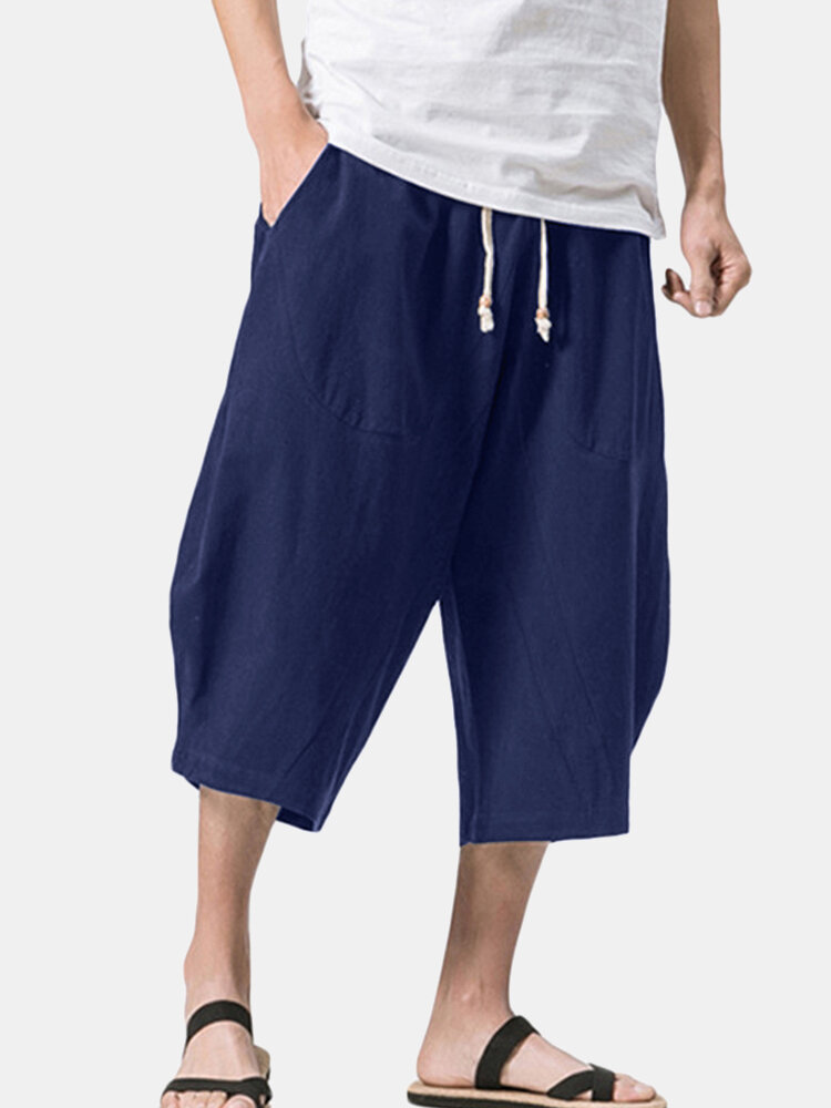 
	Mens Summer Breathable Cotton Linen Solid Color Calf Length Baggy Loose Drawstring Casual Shorts