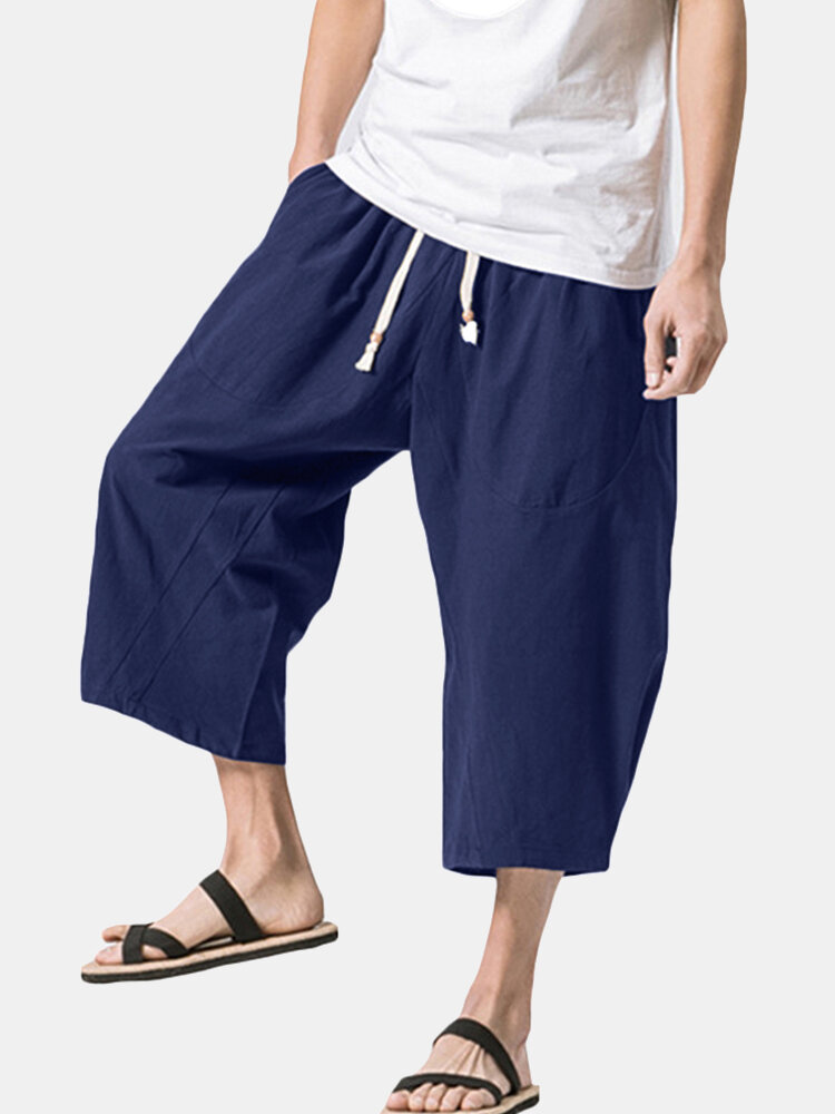 
	Mens Summer Breathable Cotton Linen Solid Color Calf Length Baggy Loose Drawstring Casual Shorts