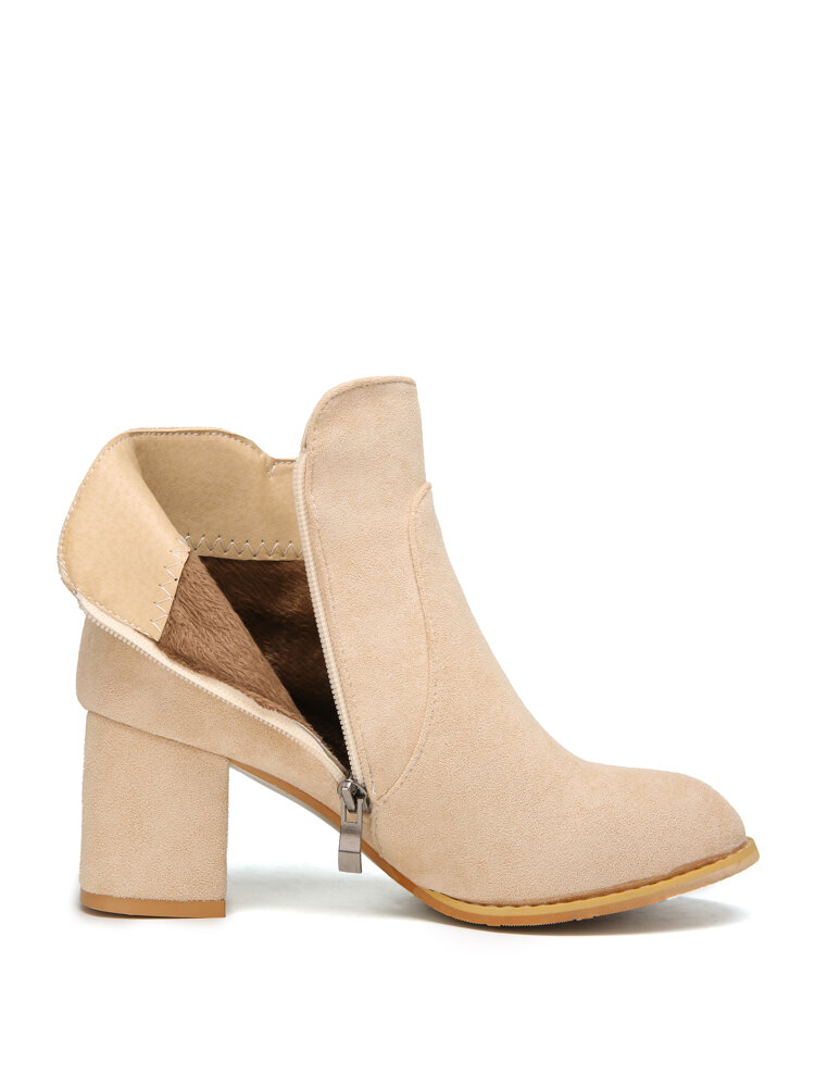 
	Women Suede Rhinestone Almond Toe Side Zipper Chunky Heel Ankle Boots