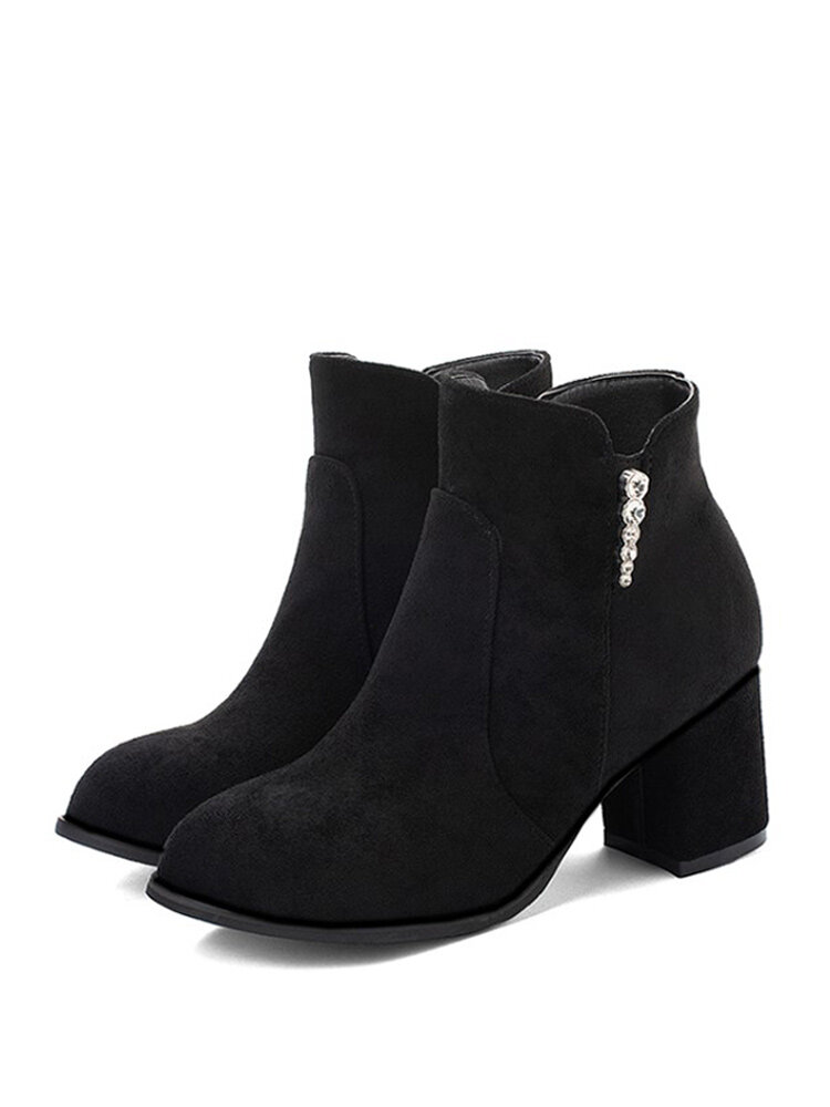 
	Women Suede Rhinestone Almond Toe Side Zipper Chunky Heel Ankle Boots