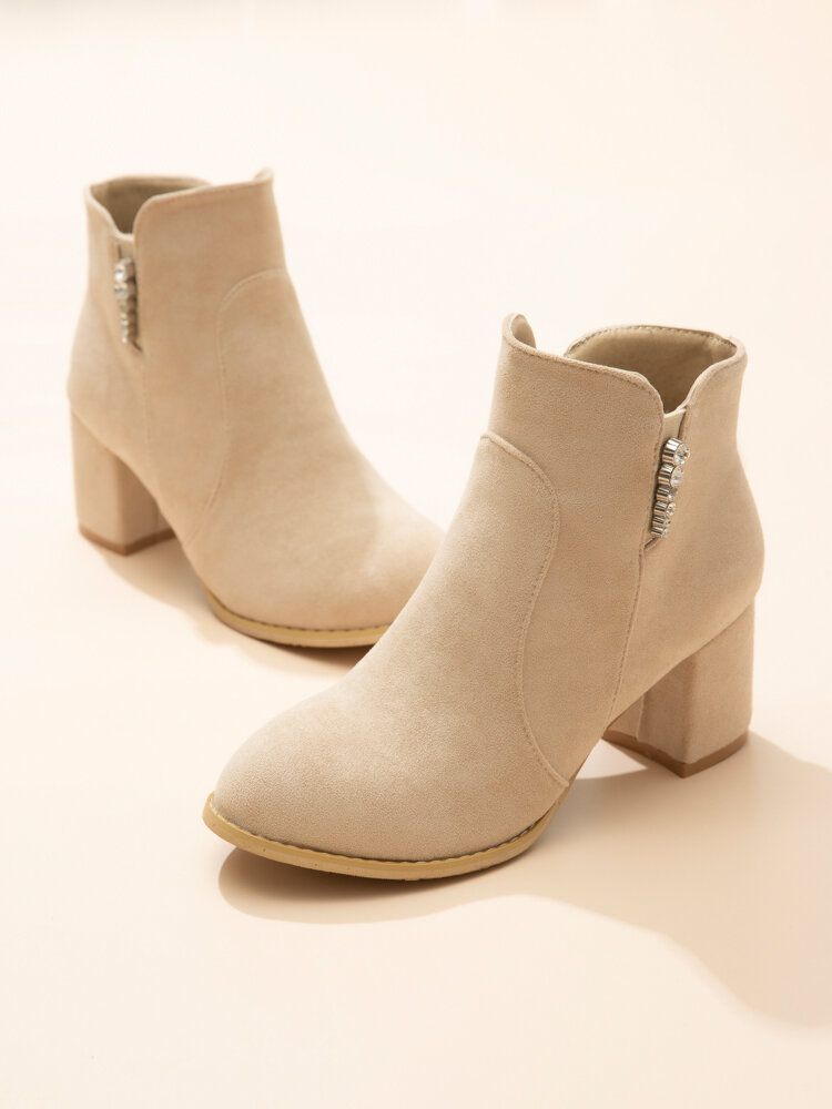 
	Women Suede Rhinestone Almond Toe Side Zipper Chunky Heel Ankle Boots