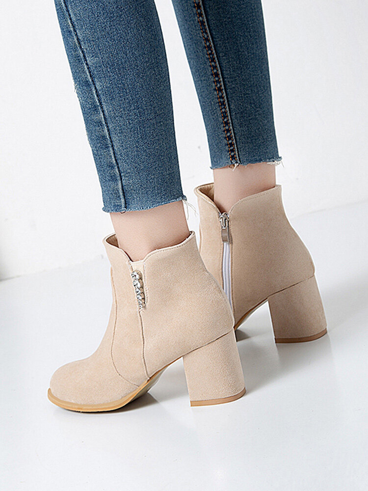 
	Women Suede Rhinestone Almond Toe Side Zipper Chunky Heel Ankle Boots
