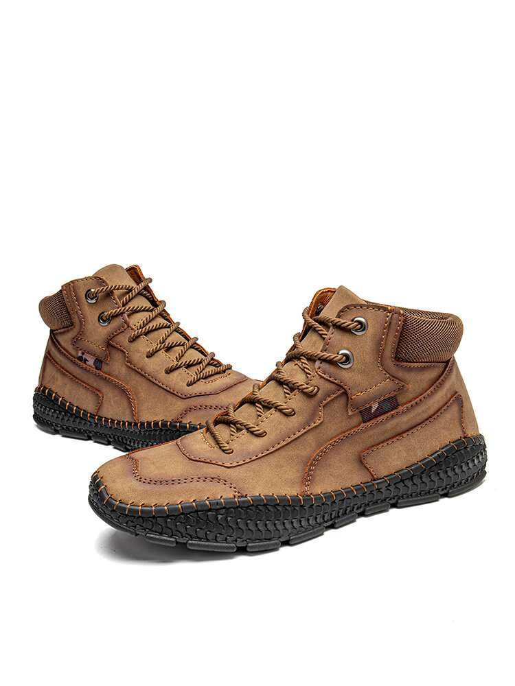 
	Men Hand Stitching Microfiber Leather Lace Up Ankle Boots