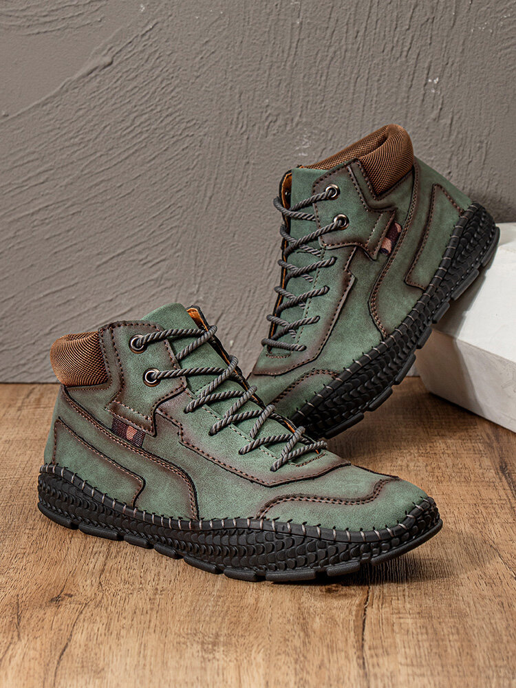 
	Men Hand Stitching Microfiber Leather Lace Up Ankle Boots