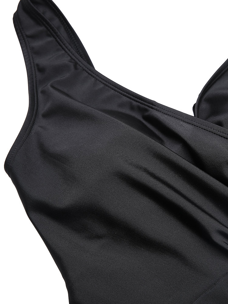 
	Plus Size Solid Color Ruffled V Neck Backless Figure Flattering One Piece Swimsuits For Women