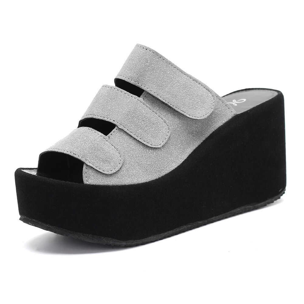 
	Adjustable Hook Loop Peep Toe Platform Wedges Slippers