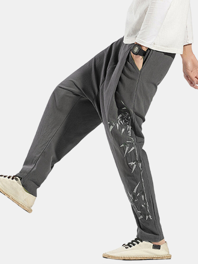 
	Mens Cotton Linen Embroidery Chinese style Loose Straight Harem Pants