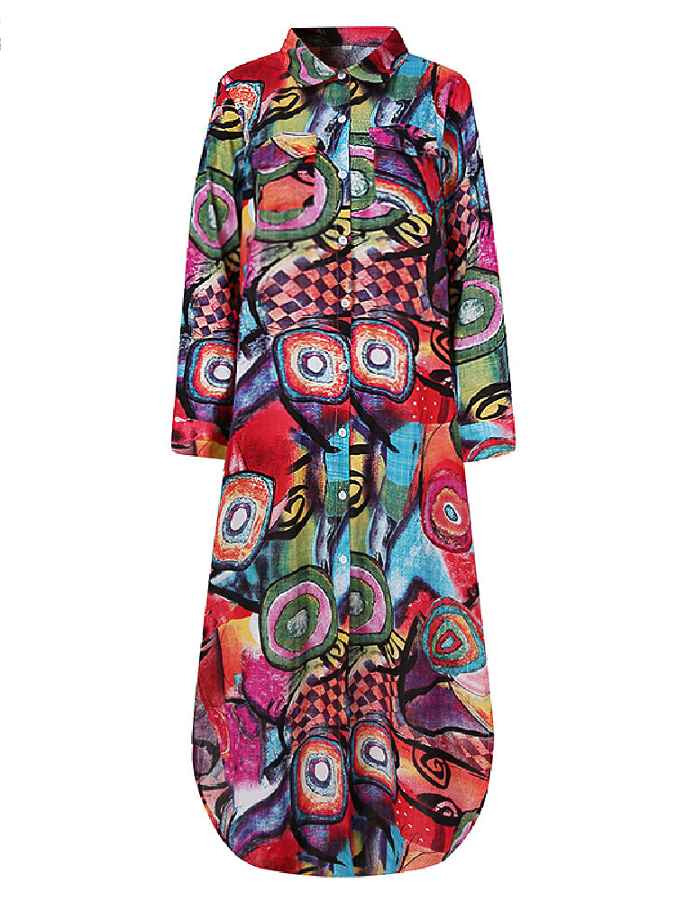 
	Print Long Sleeve Lapel Button Plus Size Dress with Pocket