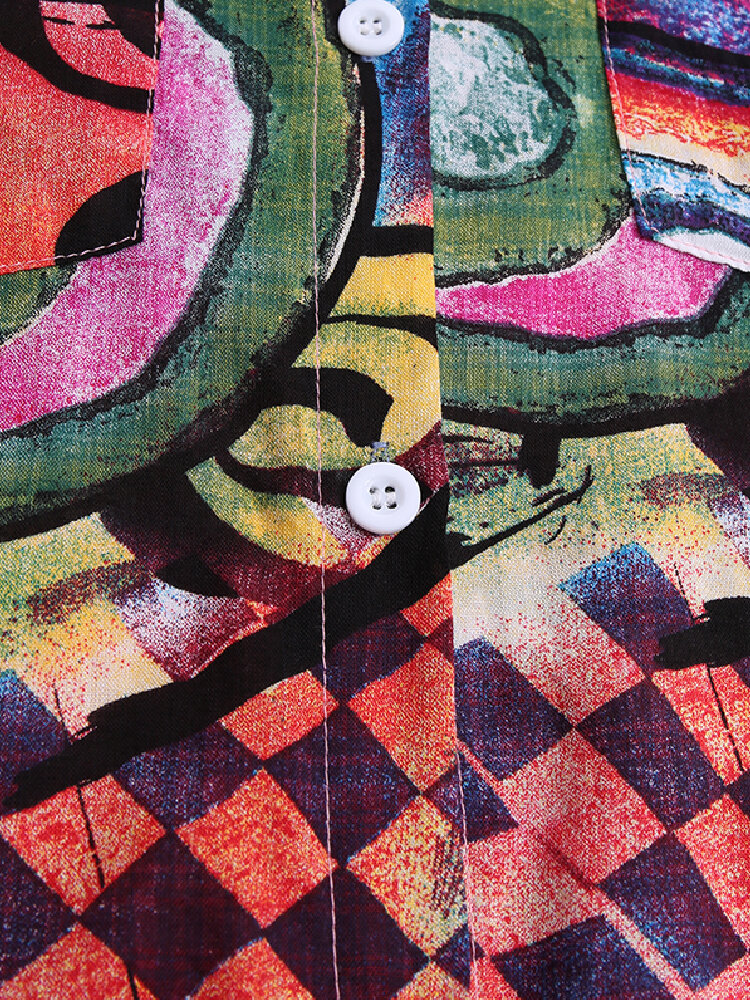 
	Print Long Sleeve Lapel Button Plus Size Dress with Pocket