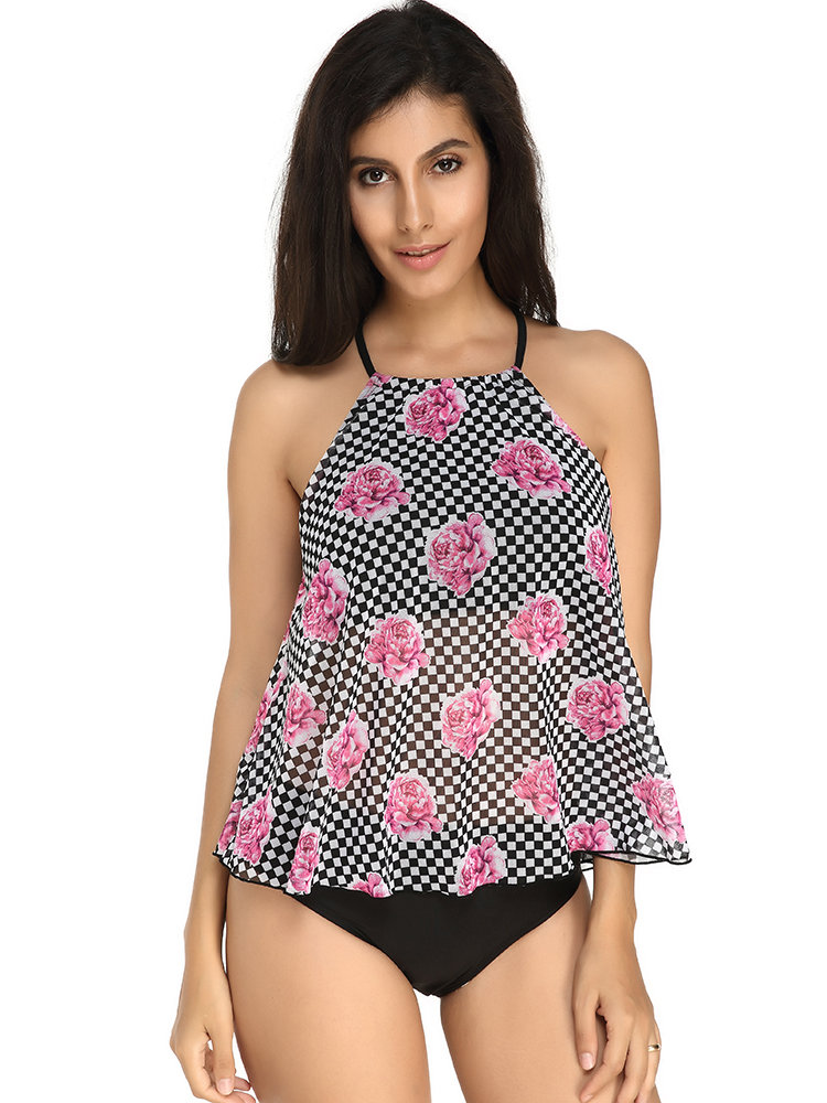 
	Plus Size Women Printed Plaid Halter String Backless Cozy Tankinis Swimsuits