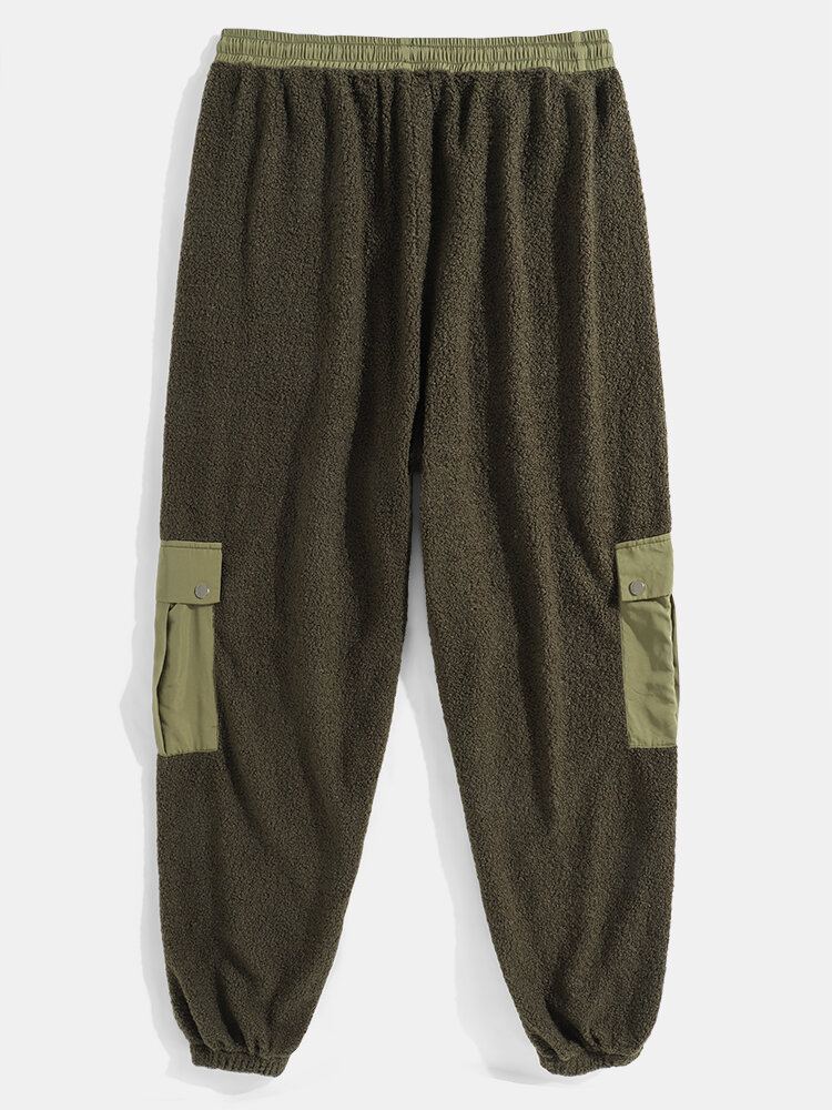 
	Mens Plush Thick Multi-Pocket Casual Drawstring Waist Teddy Jogger Pants