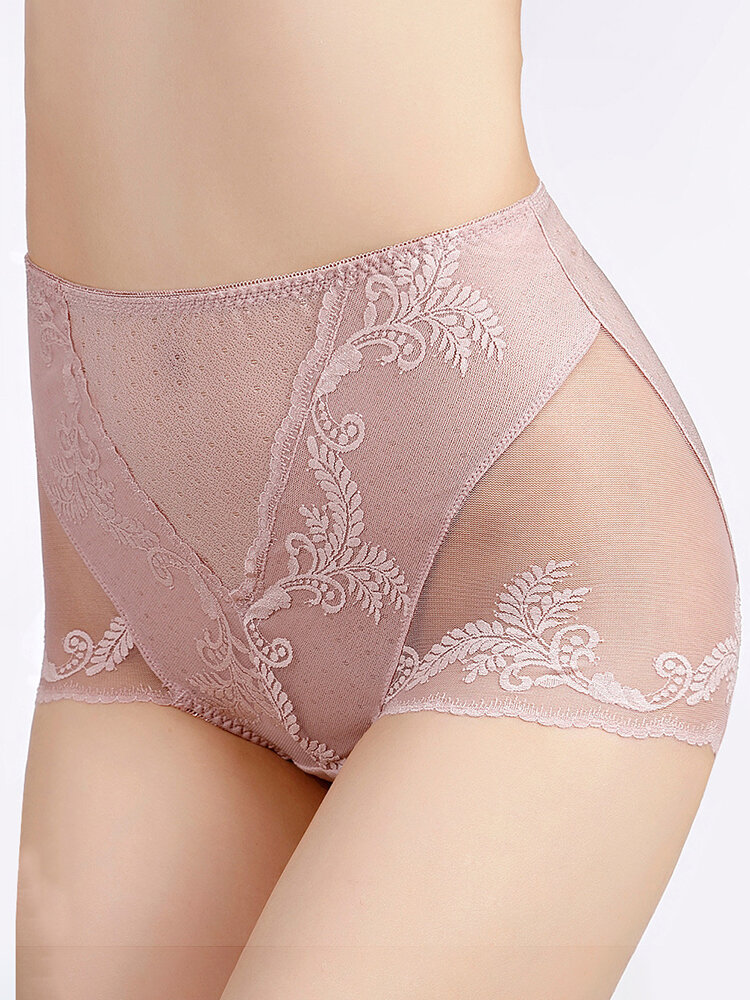 
	Plus Size Women Lace Jacquard Sheer Breathable Thin High Waist Panties