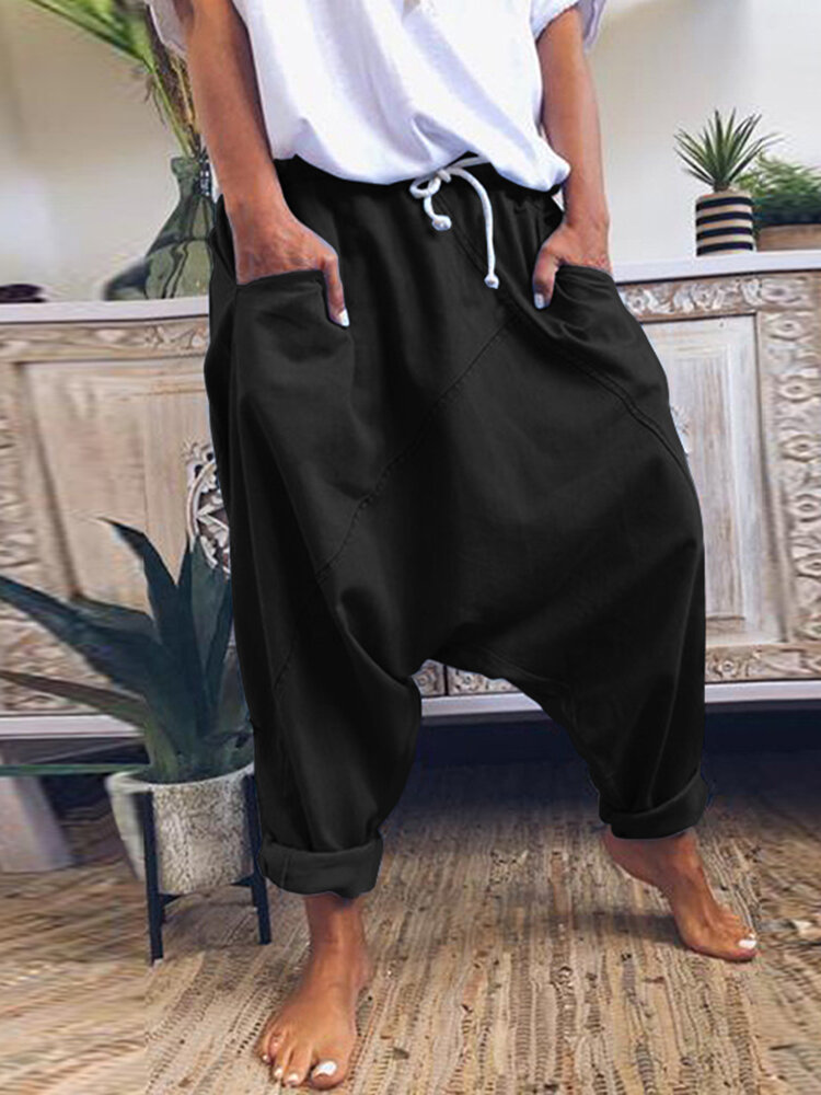
	Casual Solid Color Drop Crotch Plus Size Harem Pants