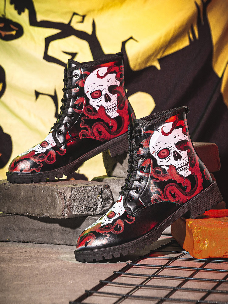 
	Men Halloween Skull Printing Funny Stylish Short-calf Boots