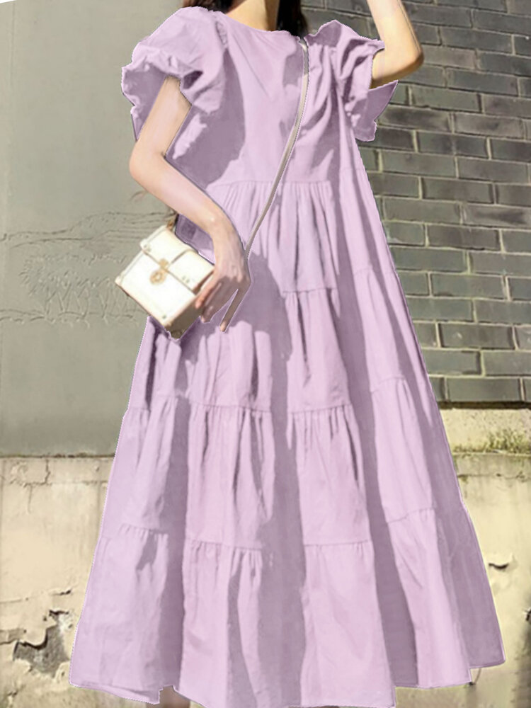 
	Solid Color Short Puff Sleeve Pleated Casual Loose Dress