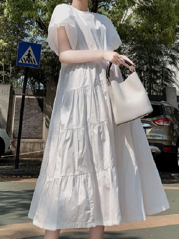 
	Solid Color Short Puff Sleeve Pleated Casual Loose Dress