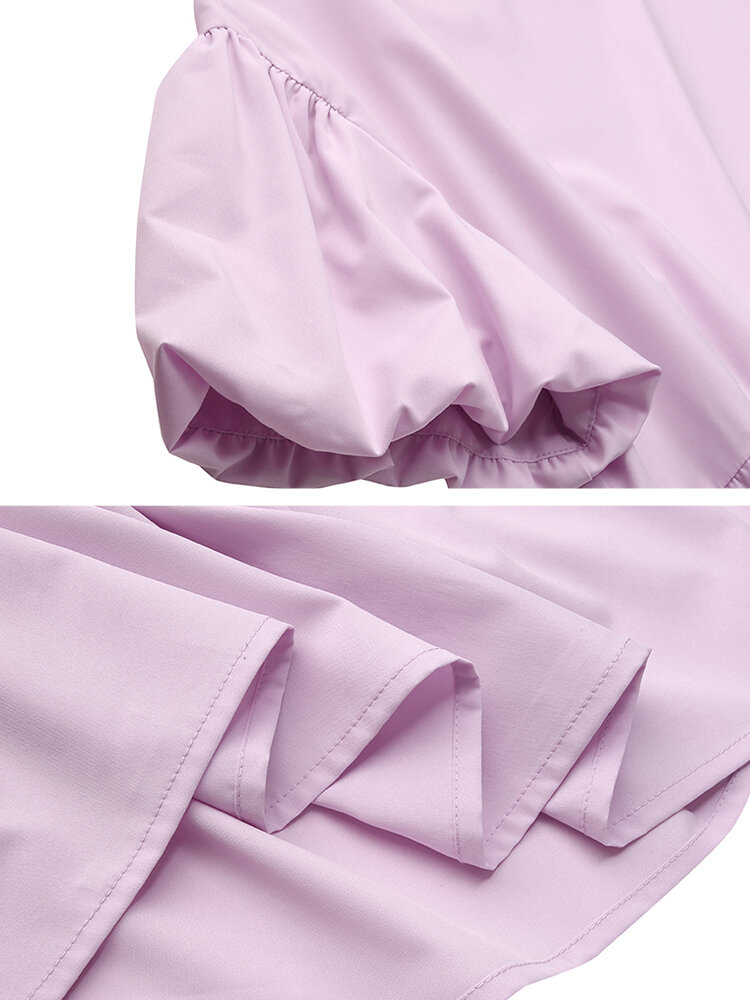 
	Solid Color Short Puff Sleeve Pleated Casual Loose Dress