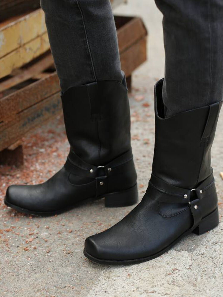 
	Men High Top Metal Buckle Square Toe Cow Boy Boots