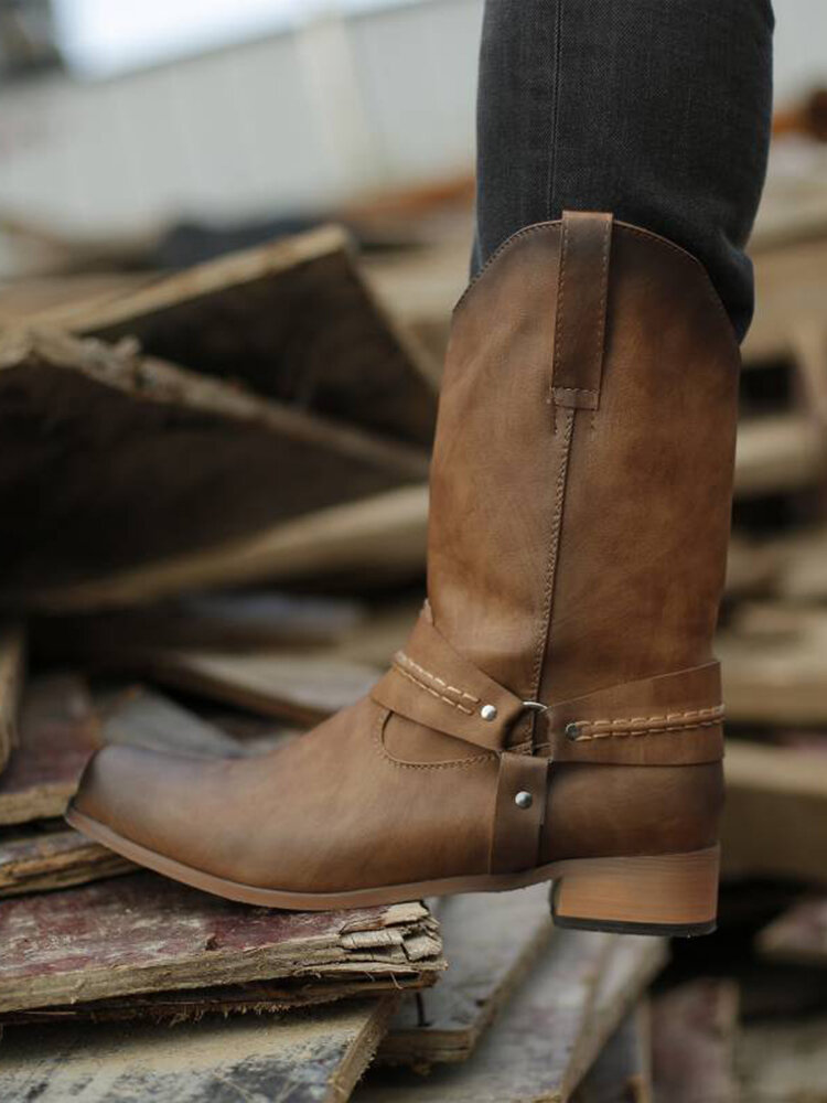 
	Men High Top Metal Buckle Square Toe Cow Boy Boots