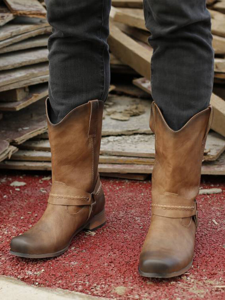 
	Men High Top Metal Buckle Square Toe Cow Boy Boots