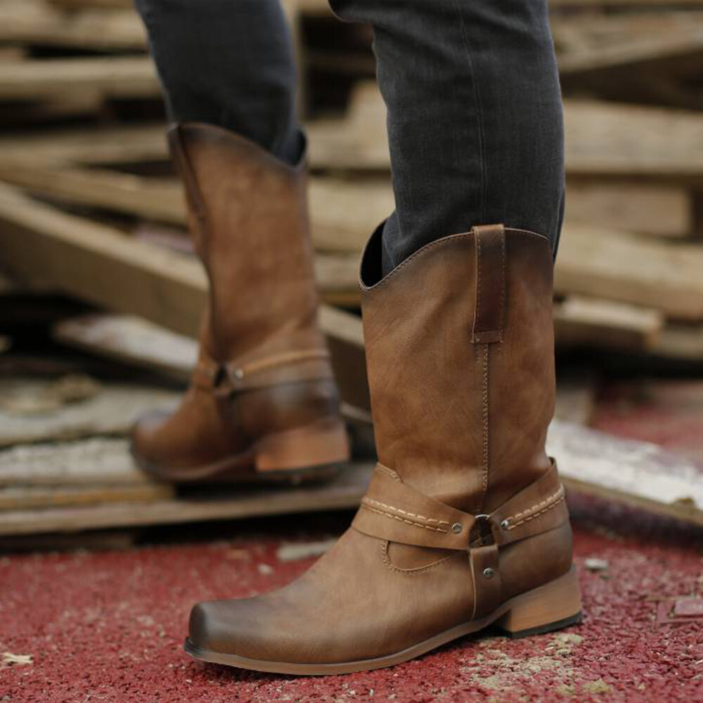 
	Men High Top Metal Buckle Square Toe Cow Boy Boots