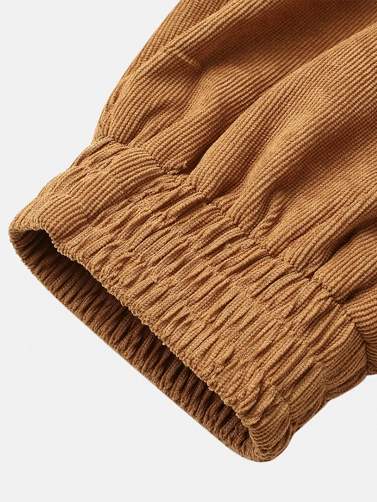 
	Mens Corduroy Solid Color Loose Fit Simple Elastic Cuff Drawstring Jogger Pants