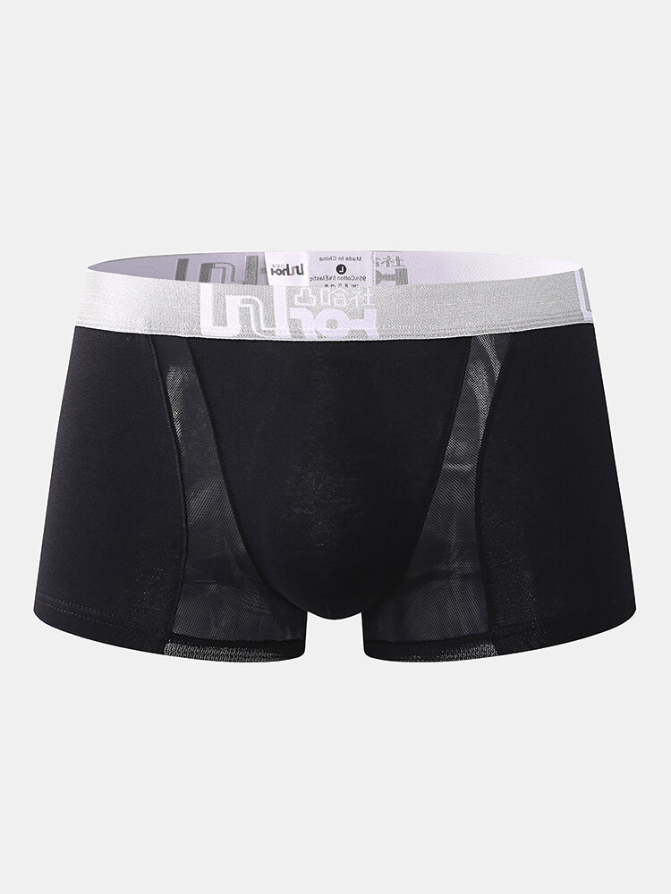 
	Mens Solid Color Patchwork Mesh Breathable Boxer Briefs Letter Waistband Underwear