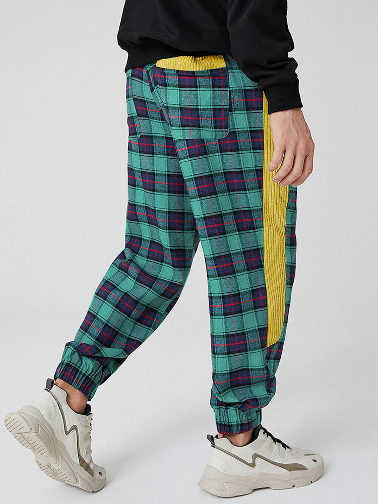 
	Mens 100% Cotton Check Side Patchwork Casual Drawstring Jogger Pants