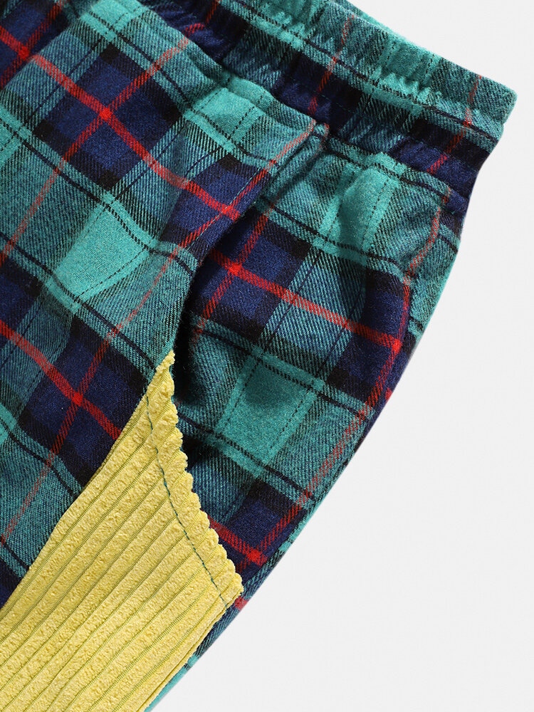 
	Mens 100% Cotton Check Side Patchwork Casual Drawstring Jogger Pants