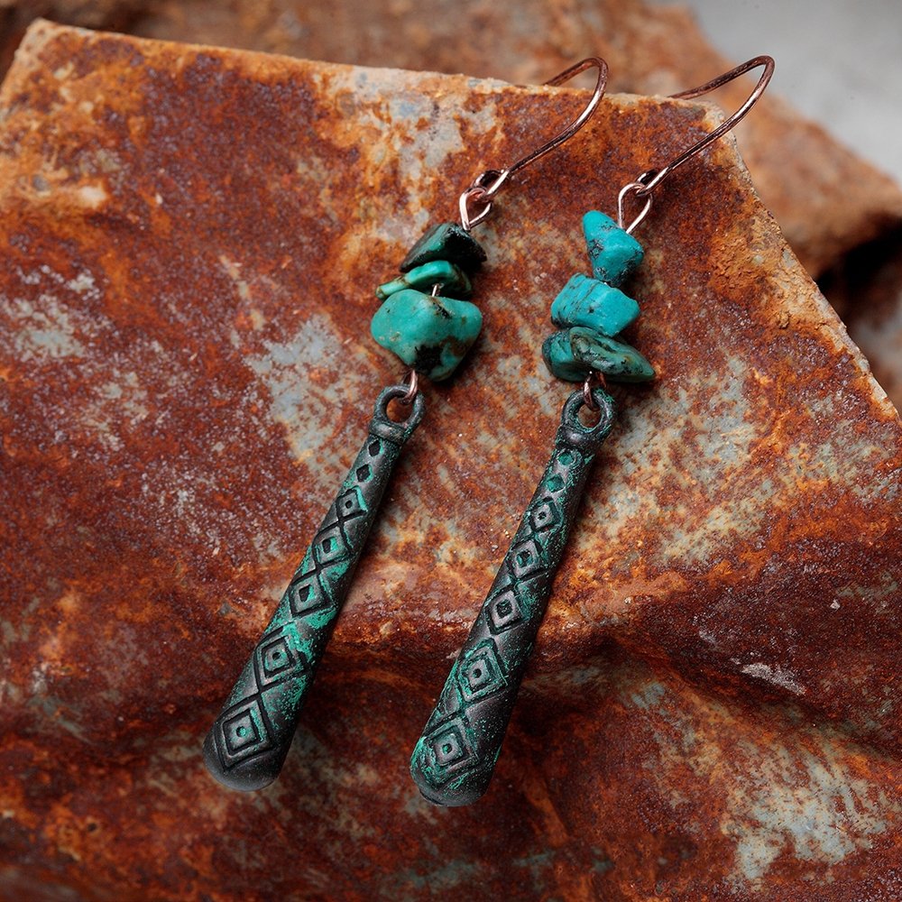 
	Ethnic Turquoise Women Long Earrings Vintage Geometric Pattern Engraved Piering Drop Dangle Earrings