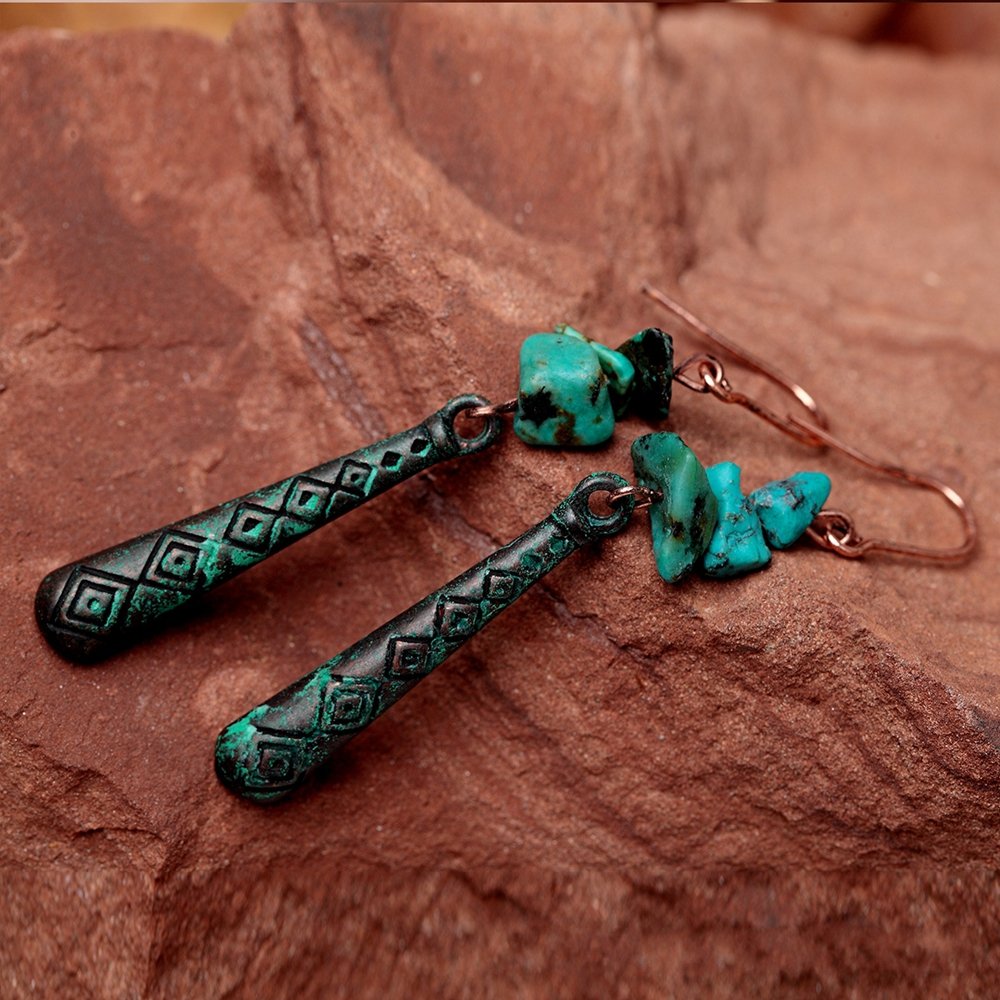 
	Ethnic Turquoise Women Long Earrings Vintage Geometric Pattern Engraved Piering Drop Dangle Earrings
