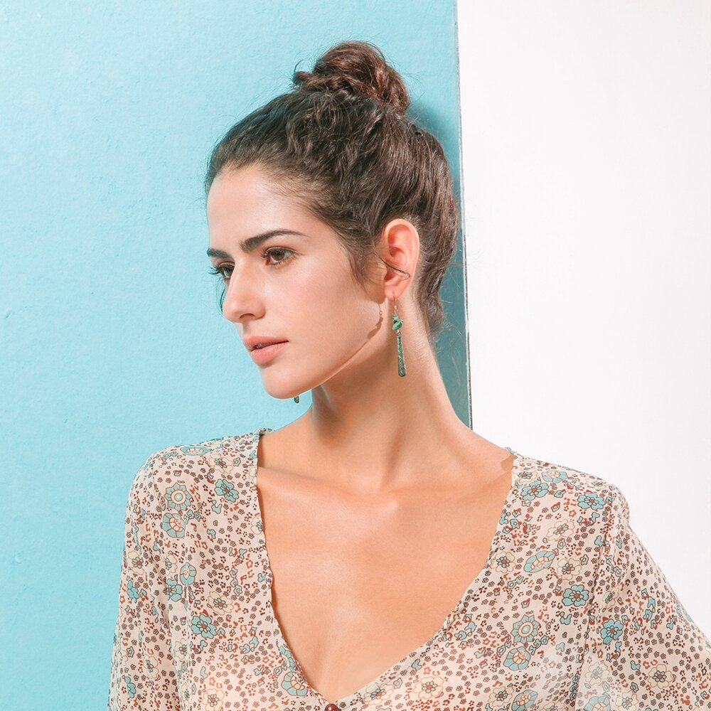 
	Ethnic Turquoise Women Long Earrings Vintage Geometric Pattern Engraved Piering Drop Dangle Earrings