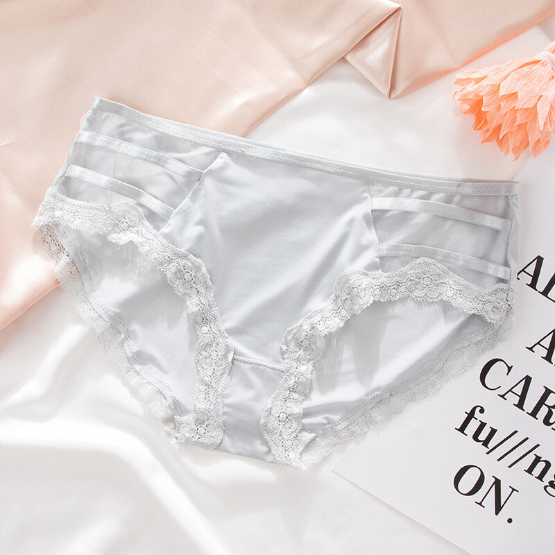 
	Lace-trim Ice Silk Seamless Breathable Mid Waisted Panties
