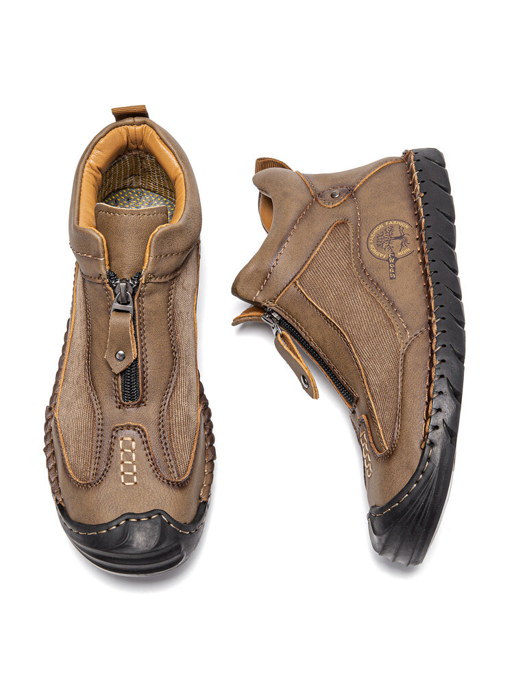 
	Men Hand Stitching Front-Zipper Corduroy Splicing Ankle Boots