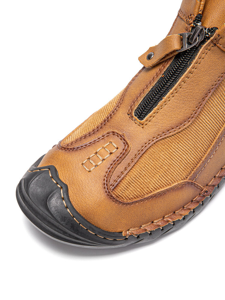 
	Men Hand Stitching Front-Zipper Corduroy Splicing Ankle Boots