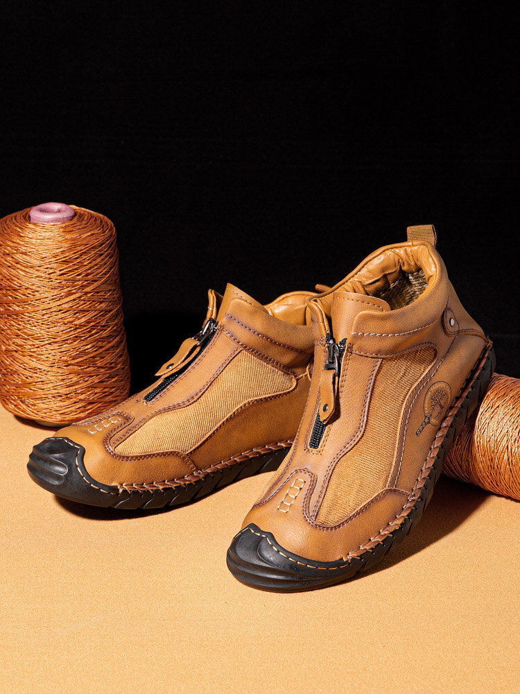 
	Men Hand Stitching Front-Zipper Corduroy Splicing Ankle Boots