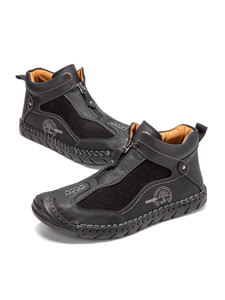 
	Men Hand Stitching Front-Zipper Corduroy Splicing Ankle Boots