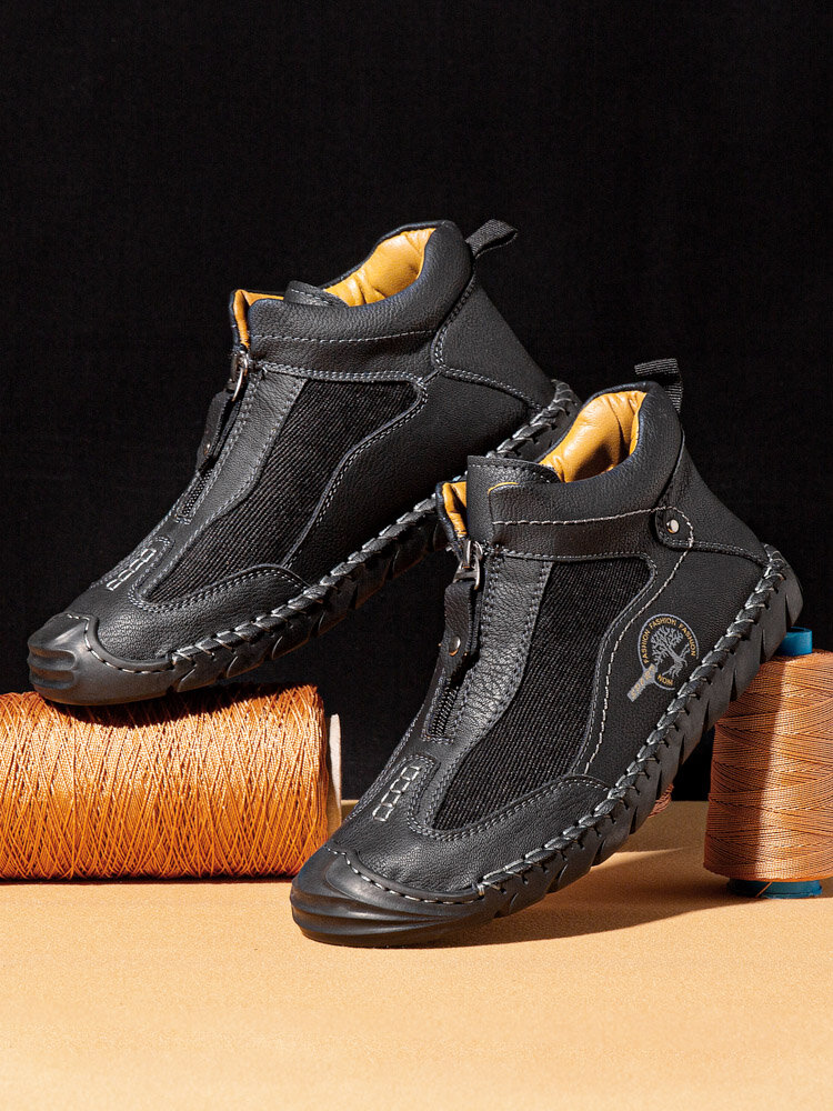 
	Men Hand Stitching Front-Zipper Corduroy Splicing Ankle Boots