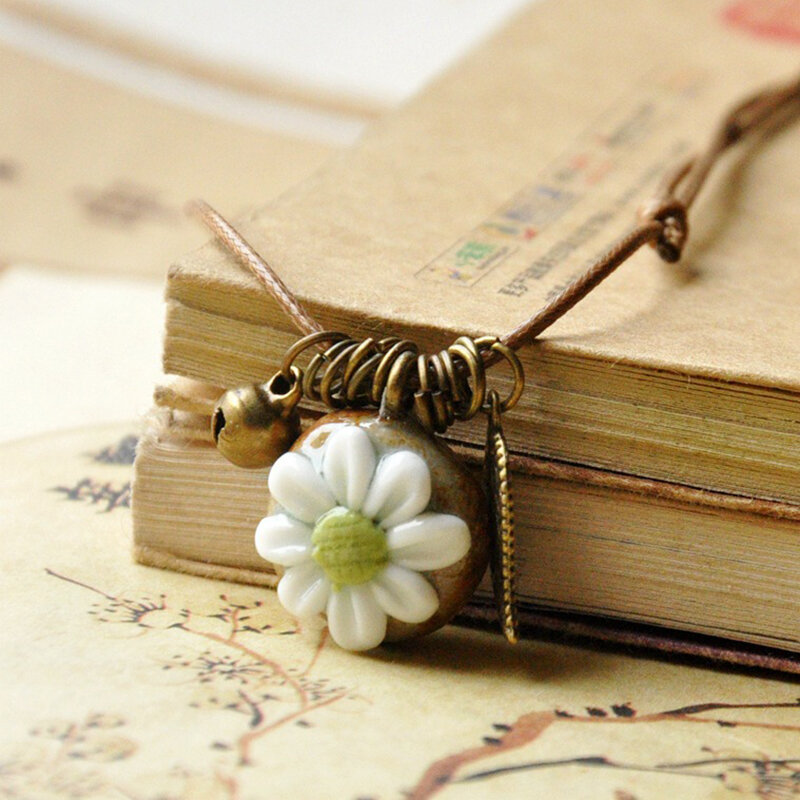 
	Vintage Geometric Stereoscopic Flower Pendant Necklace Ethnic Handmade Ceramic Long Necklace