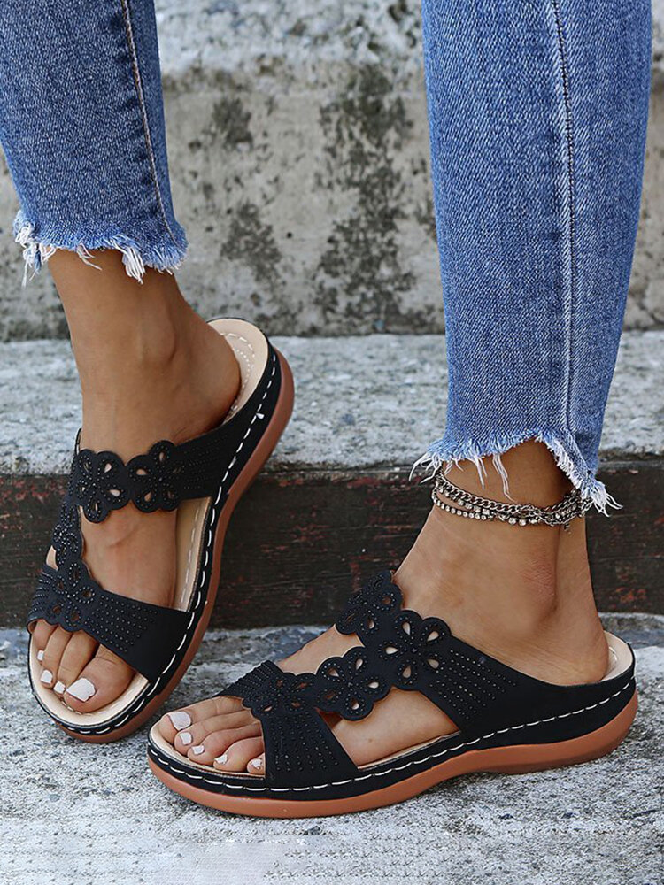 
	Women Rhinestone Carved Hollow Slippers Comfy Slip On Casual Wedges Sandals
